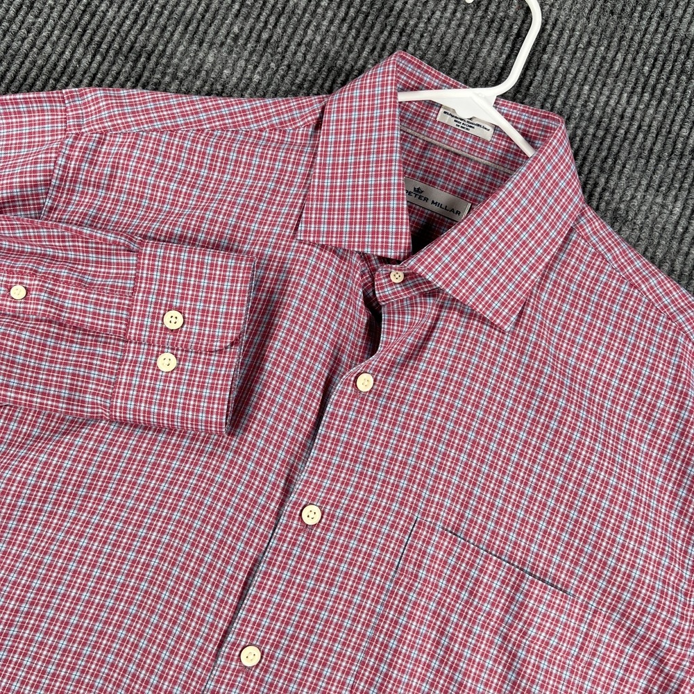 Peter Millar Mens Shirt Large Red Plaid Long Sleeve Button Up Casual Classic
